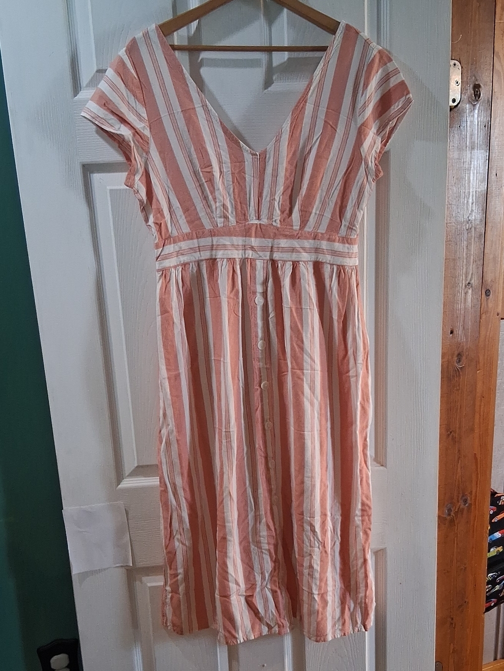 a.n.a Peach and White Striped V-Neck Button-Front Maxi Dress